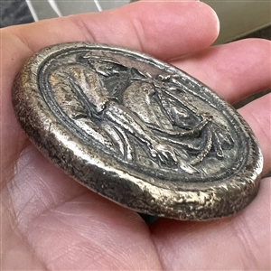 HUGE metalized Burwood button of a jockey and horse.