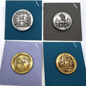 Four livery buttons of hands holding things and plant life.