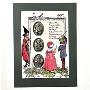Card with three Battersea pewter buttons from nursery rhyme “Three men in a tub."