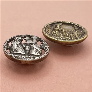 Two items - a brass button of girl on castle terrace and a Kate Greenaway stud.