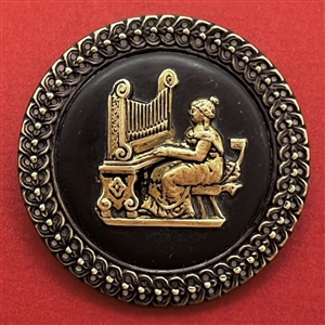 SCARCE brass button of St. Cecilia at the organ.