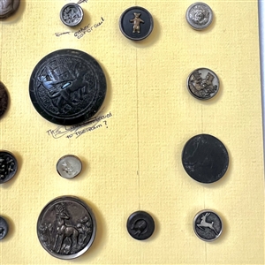 Card of twenty nine buttons of assorted animals.