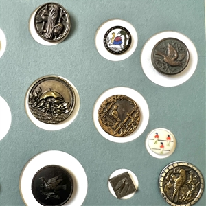 Card of twenty five buttons of birds. 