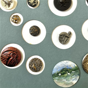 Card of twenty five buttons of birds. 