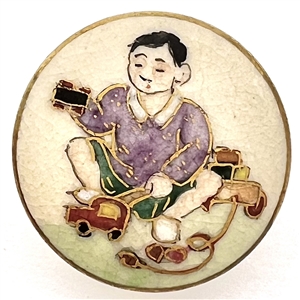 Satsuma button of Japanese boy playing with toys.