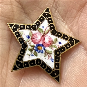 French painted enamel button of roses in star shape with champlevé border.