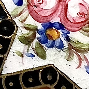 French painted enamel button of roses in star shape with champlevé border.
