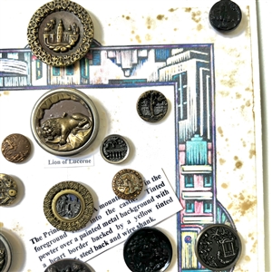 Card of twenty five mostly architectural buttons.