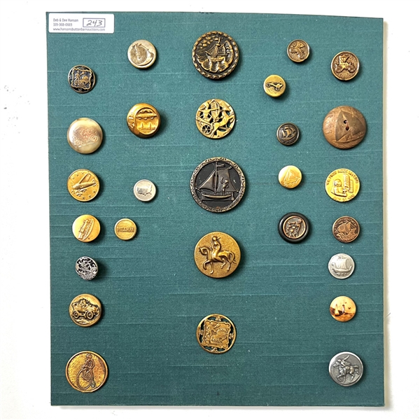 Card of twenty eight mostly transportation buttons.