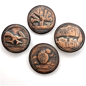 Four iron wood and copper studio buttons by Ralph Briggs.