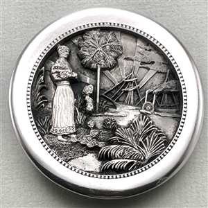 Huge Battersea pewter button of Seminole woman spreading hibiscus flowers 75th anniversary NBS Show favor button 2013.