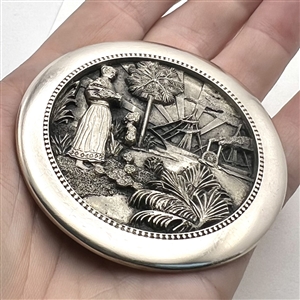 Huge Battersea pewter button of Seminole woman spreading hibiscus flowers 75th anniversary NBS Show favor button 2013.