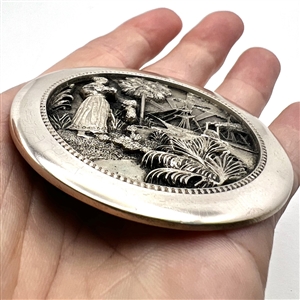 Huge Battersea pewter button of Seminole woman spreading hibiscus flowers 75th anniversary NBS Show favor button 2013.