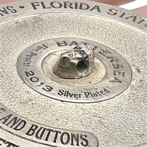 Huge Battersea pewter button of Seminole woman spreading hibiscus flowers 75th anniversary NBS Show favor button 2013.