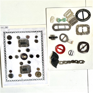 Two cards of buttons and buckles, two of which are 19th c. shoe buckles.