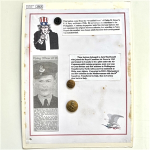 Card with Canadian Air Force uniform buttons and newspaper article.