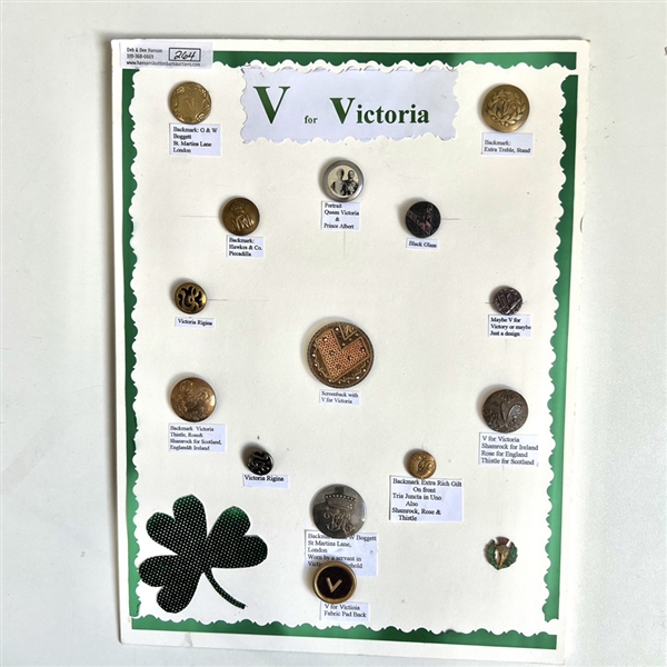 Card of fifteen “V" for Victoria buttons.