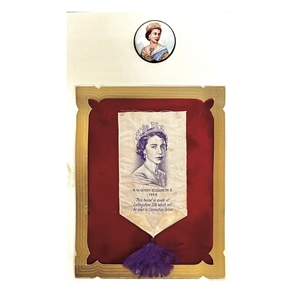 Motiwala enamel button of Queen Elizabeth II and commemorative card with tassel.