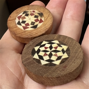 Two parquetry wood buttons - unsigned studio?