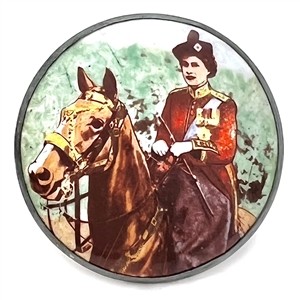 Motiwala enamel button of Queen Elizabeth II on horseback.