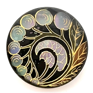 Berries and leaves reverse painted on glass over iridescent celluloid set in metal button.