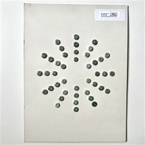 Card of forty two small china calico buttons in green. 