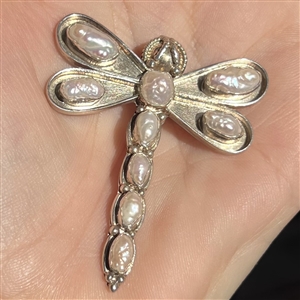 Silver button of a realistic dragonfly with seed pearls.