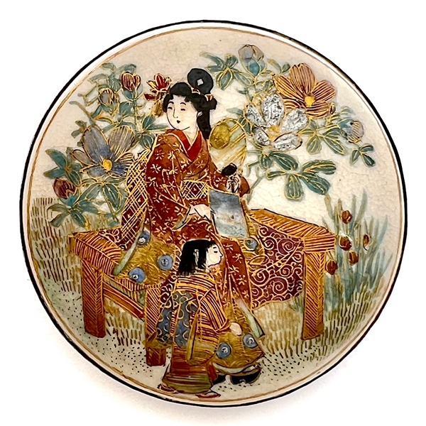 HUGE Satsuma buckle set in gilded silver (?) of a Japanese woman and child in garden.