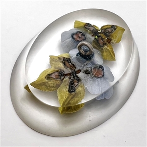 Vintage reverse carved and painted acrylic button of blue roses.