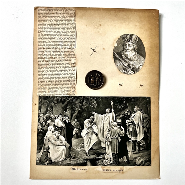 Card with button of Charlemagne and the Warning Angel.