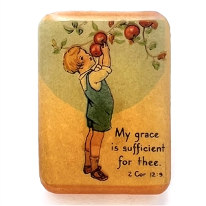Nancy Dubois studio button of child picking apples. 