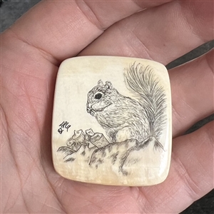 Scrimshaw natural material button of a squirrel eating.