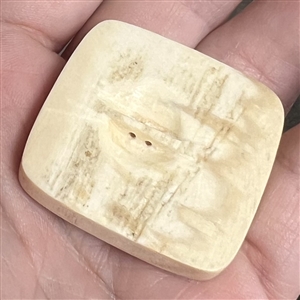 Scrimshaw natural material button of a squirrel eating.
