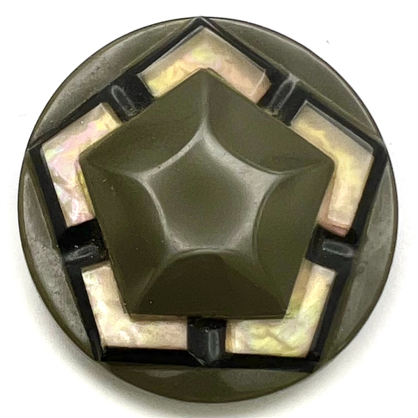 Extra large Vintage celluloid glow button with pentagon.