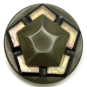 Extra large Vintage celluloid glow button with pentagon.