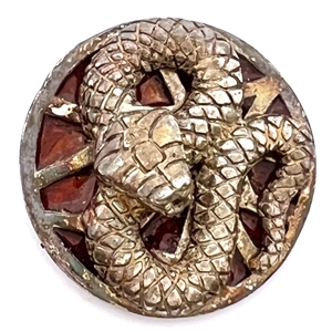 Sculptural gilded silver button of a snake with enamel background.