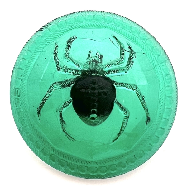 Bohemian aqua glass button of a spider. 