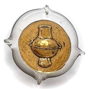 Bimini clear glass button with gold luster of an urn. 