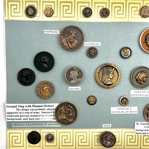 Card of twenty eight mythological and other buttons. 
