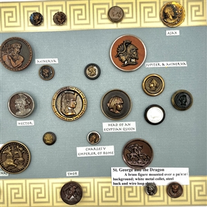 Card of twenty eight mythological and other buttons. 