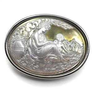 Imitation cameo carved oval glass with iridescent finish of a woman and child.