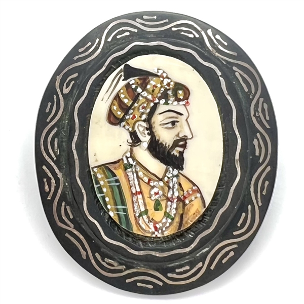Shah Jahan painted on vegetable ivory button with Bidri metal border.