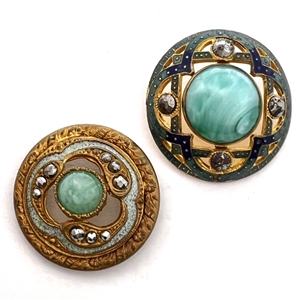 Two imitation gemstone glass in metal buttons with enamel and cut steels.