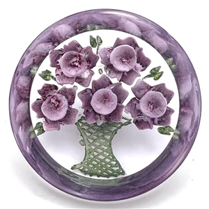 Vintage reverse-carved and painted acrylic button of purple flowers.