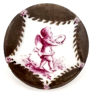 Painted porcelain button of a cherub/putti offering a gift.