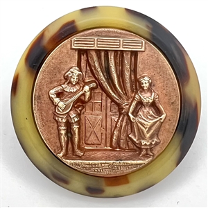 Stamped copper in Vintage plastic (?) scarce button of Scaramouche and Columbine. 
