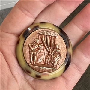 Stamped copper in Vintage plastic (?) scarce button of Scaramouche and Columbine. 