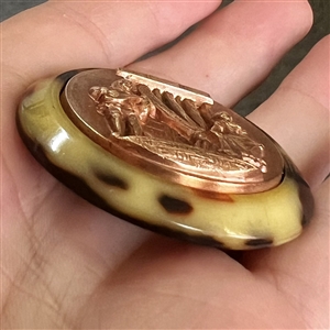 Stamped copper in Vintage plastic (?) scarce button of Scaramouche and Columbine. 