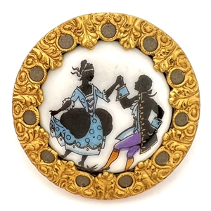 Painted porcelain set in metal button of man and woman dancing. 