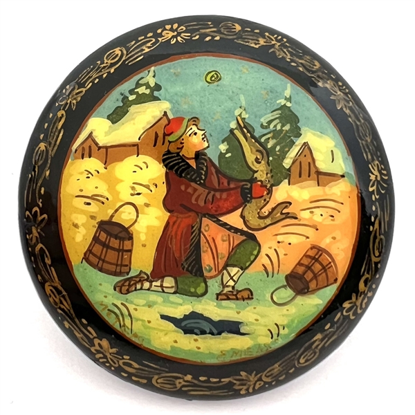 Russian lacquer button of the “the Fisherman and the Fish."